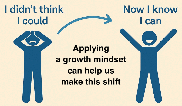 Simple graphic with person hiding their eyes and the words 'I don't think I could', then another person arms stretched out and the words 'Now I know I can'. Applying a growth mindset can help us make this shift.